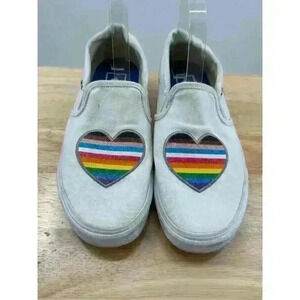 Vans Old School White Slip On Low Top‎ Sneakers w/ Colorful Heart Women's Sz 9.5